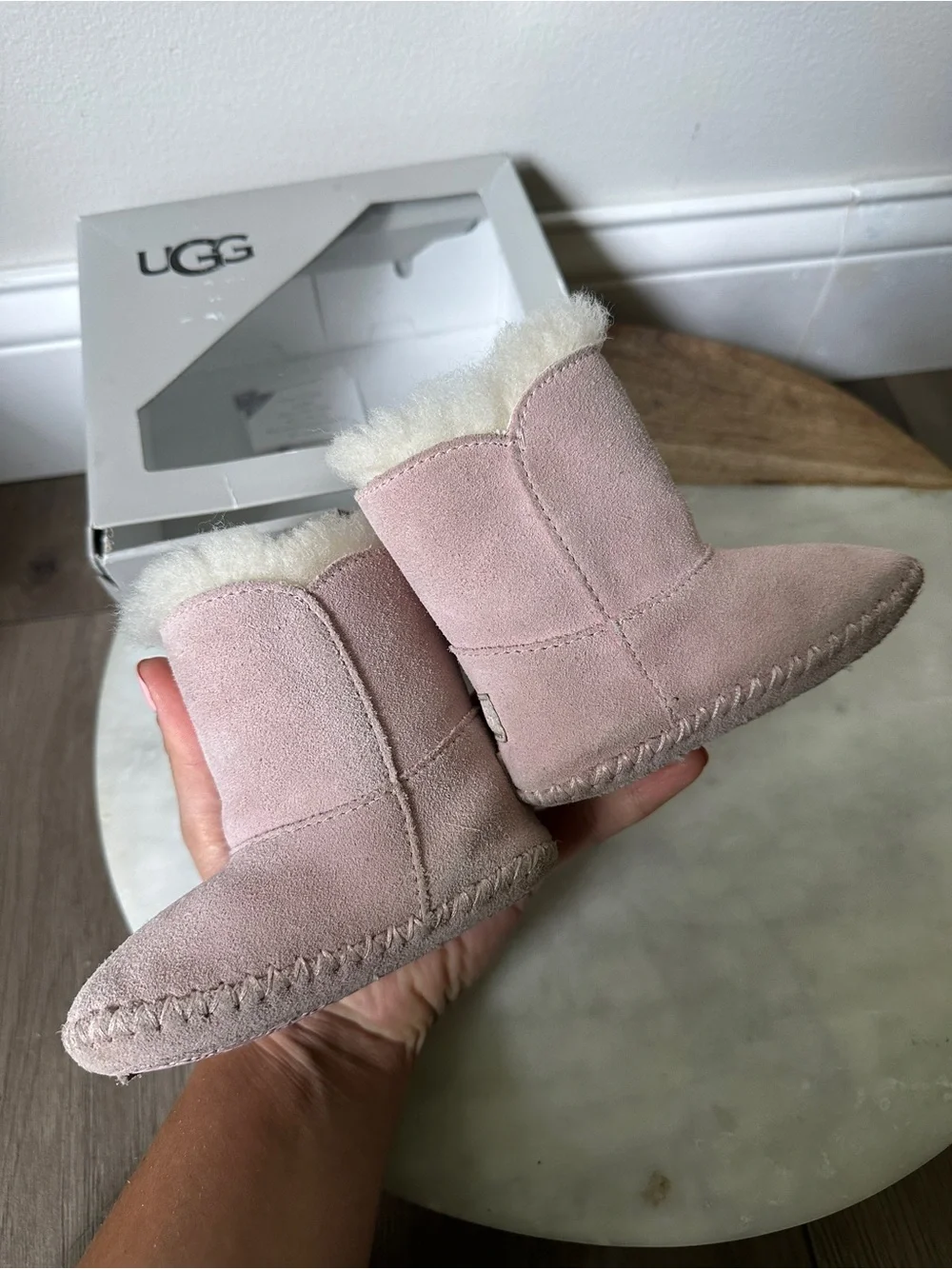 UGG Caden Baby Boots Booties Seashell Pink Suede Sheepskin Lining Infant 6-12 M